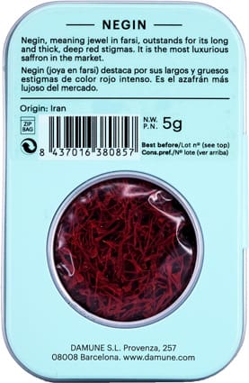 2 DAMUNE-Saffron-Negin-Tin-5g-2 - Olie & Azijn Karavaan DAMUNE Negin saffraandraadjes in metalen blik
