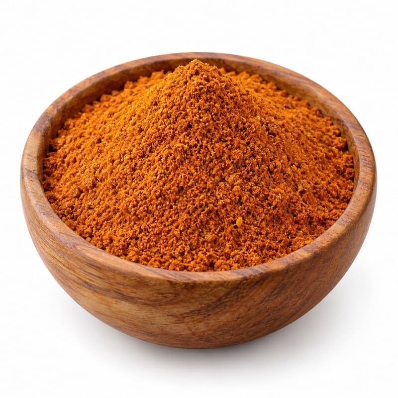 Tikka Masala kruidenmix in houten kom - Olie & Azijn Karavaan Tikka Masala kruidenmix zonder zout in een ronde houten kom op witte achtergrond