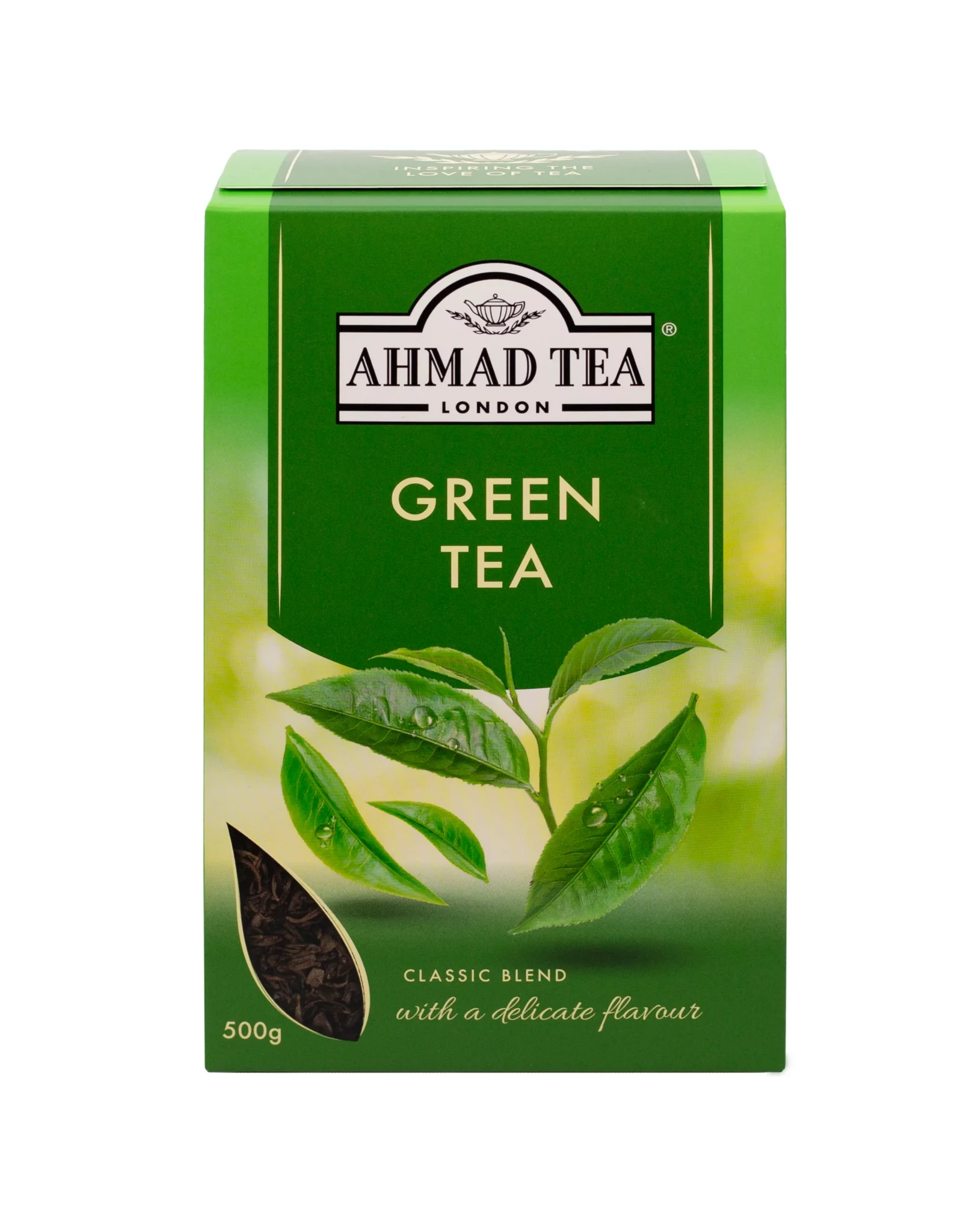 500gGTF - Olie & Azijn Karavaan Verpakking van Ahmad biologische groene thee, bron van antioxidanten. 500g klassiek blend met delicate smaak.