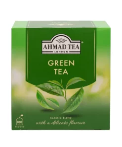 Verpakking van Ahmad biologische groene thee, 100 theezakjes, rijke bron van antioxidanten.