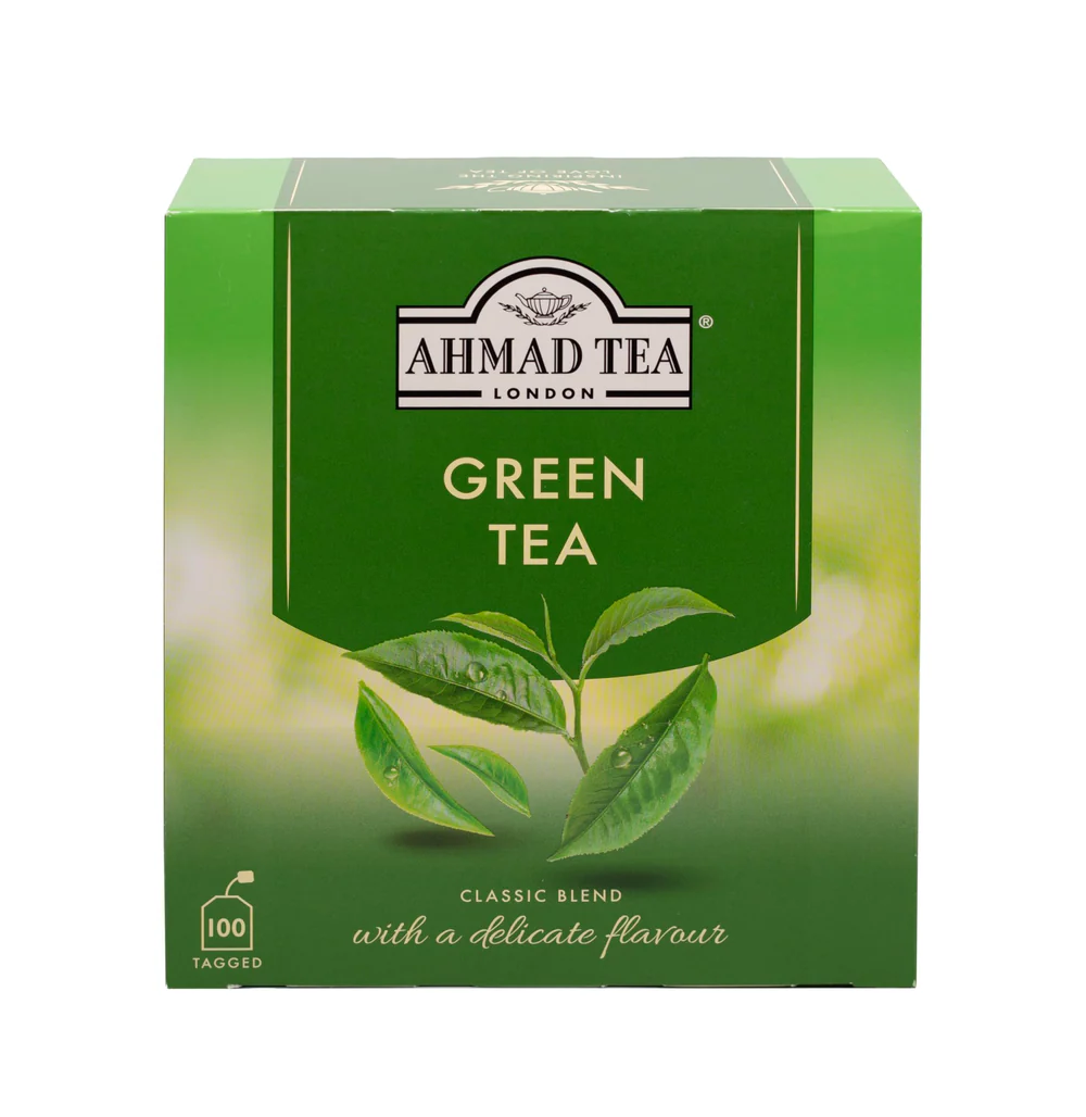 Ahmadgroene thee zakjes 1 - Olie & Azijn Karavaan Verpakking van Ahmad biologische groene thee, 100 theezakjes, rijke bron van antioxidanten.