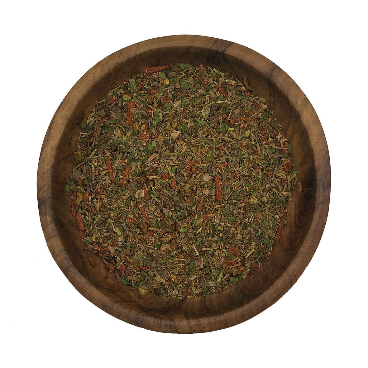 chimichurri kruiden - Olie & Azijn Karavaan Houten kom gevuld met argentijnse kruidenmix voor chimichurri, ideale smaakmaker voor Argentijnse gerechten.