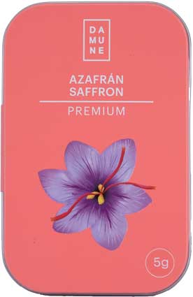 1 DAMUNE-Saffron-Sargol-Tin-5g-1 - Olie & Azijn Karavaan Blikje Saffraan Topkwaliteit Sargol All Red 2 gram kopen, premium saffraan verpakking met bloemillustratie.