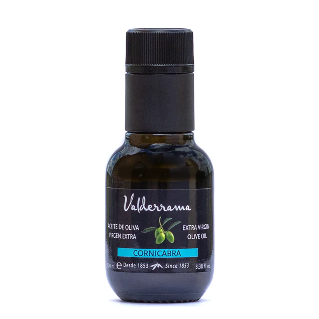 Valderrama_olijfolie_Cornicabra_100_ml. - Olie & Azijn Karavaan Klein flesje olijfolie Cornicabra 100ml, extra vierge olijfolie in donkere glazen verpakking.