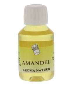 Flesje amandel extract aroma natuur, ideaal voor bakken en desserts, productfoto op witte achtergrond.