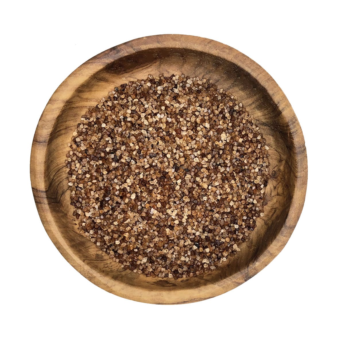 appel gerookt zout - Olie & Azijn Karavaan Houten kom gevuld met appel gerookt zout, perfecte smoked salt seasoning voor diverse gerechten.