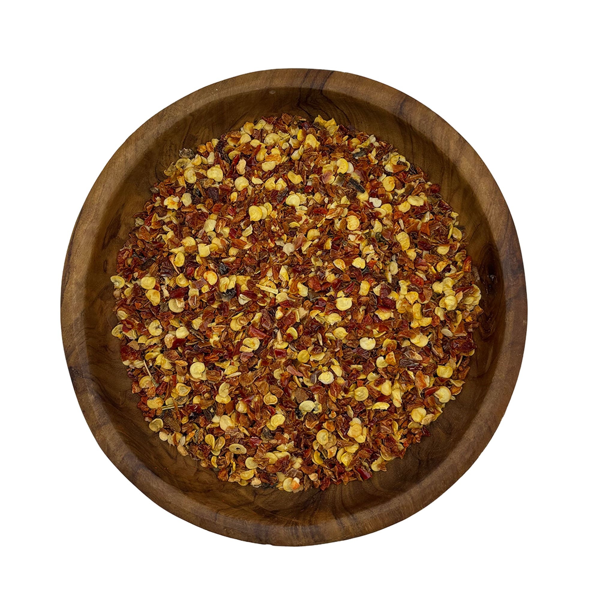 Jalapeno rood gebroken - Olie & Azijn Karavaan Houten kom gevuld met rode jalapeño chilivlokken, ideaal voor Mexicaanse gerechten.