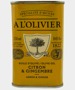 Yellow tin of A L'Olivier olive oil, lemon & ginger flavor, with 250 ml/8.45 fl oz markings visible on the label