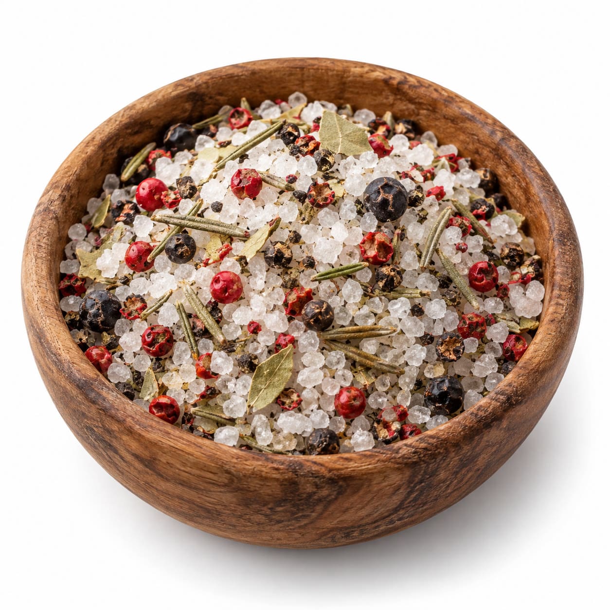 Zeezout Grigliata in houten kom - Olie & Azijn Karavaan Zeezout Grigliata met grof zeezout, roze peper, jeneverbes, rozemarijn en laurier in een houten kom