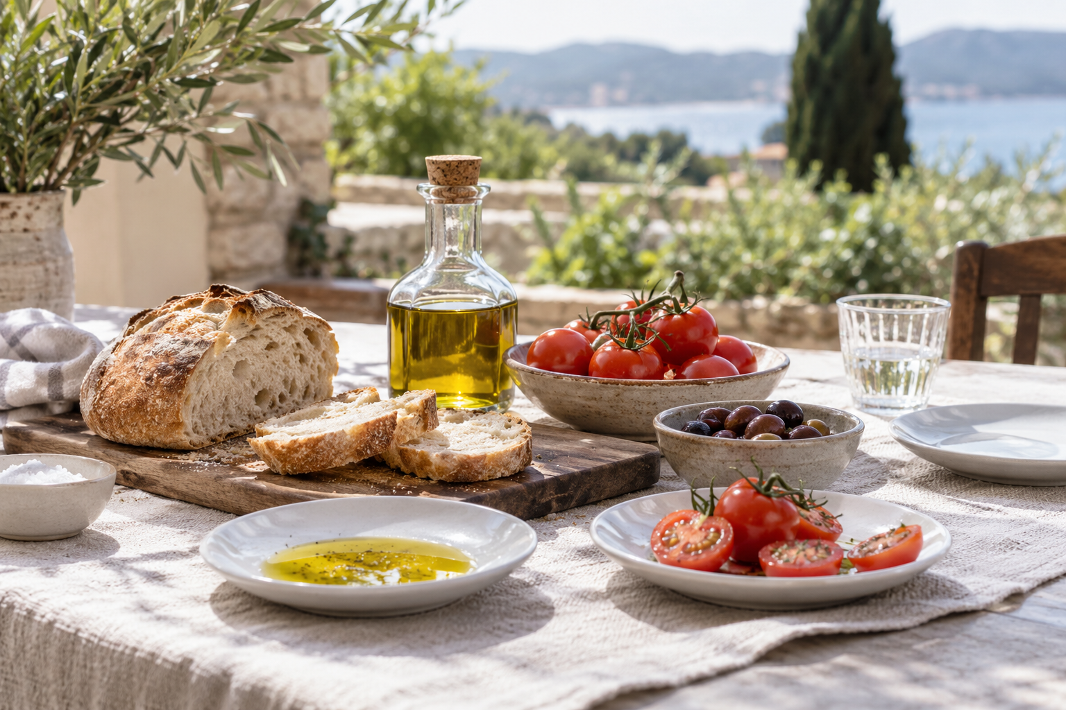 Eenvoudige lunchtafel met brood, olijfolie en tomaten — AI-illustratie