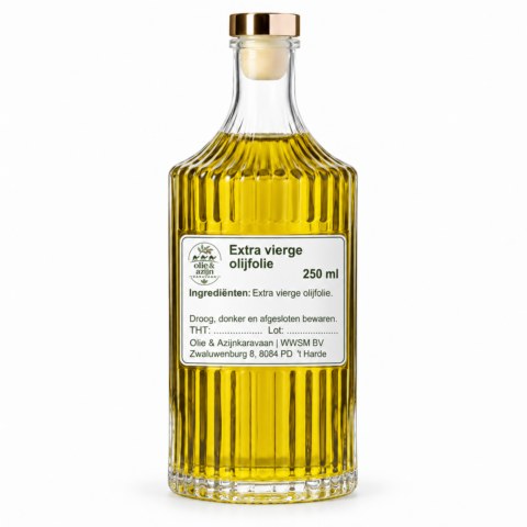 Extra vierge olijfolie 250 ml met Olie & Azijnkaravaan-etiket binnen gladde vlak – representatieve illustratie