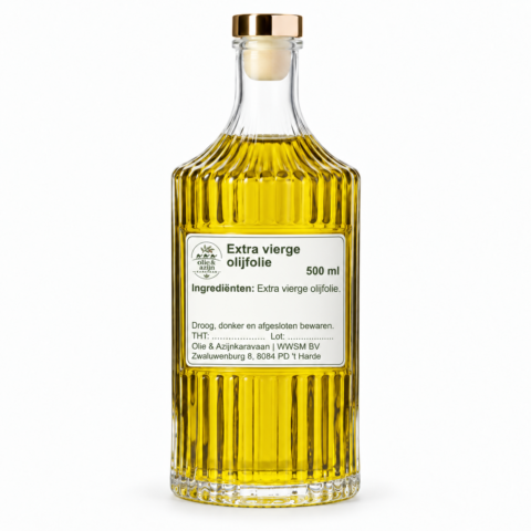 Extra vierge olijfolie 500 ml met Olie & Azijnkaravaan-etiket binnen gladde vlak – representatieve illustratie