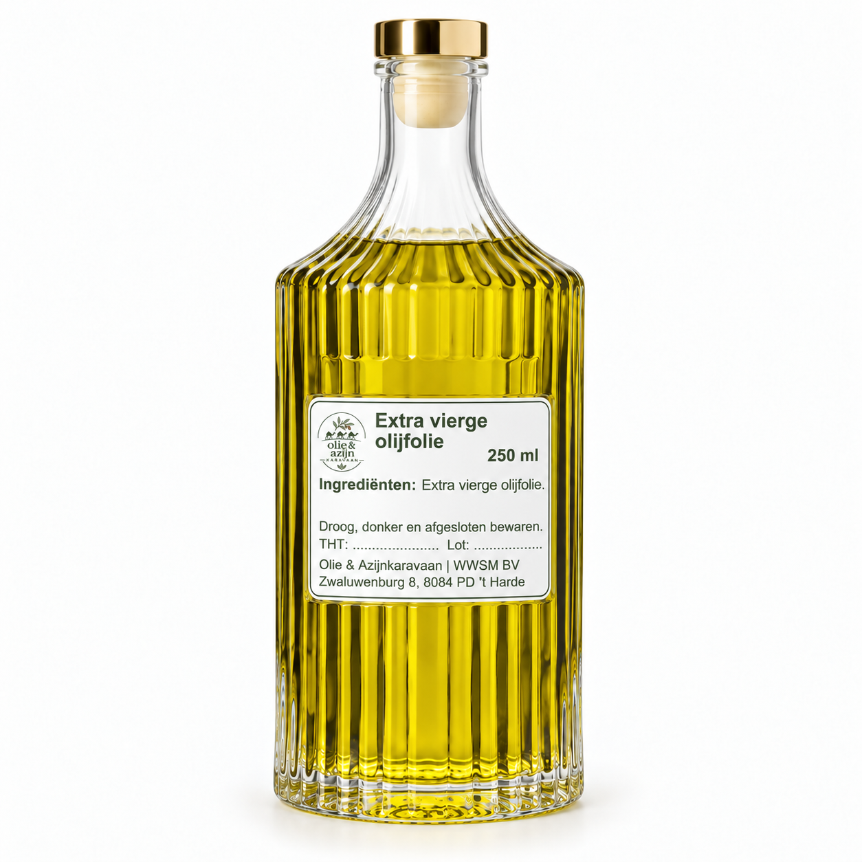 Eigen etiket fles 51087 250 ml - Olie & Azijn Karavaan Extra vierge olijfolie 250 ml met Olie & Azijnkaravaan-etiket binnen gladde vlak – representatieve illustratie