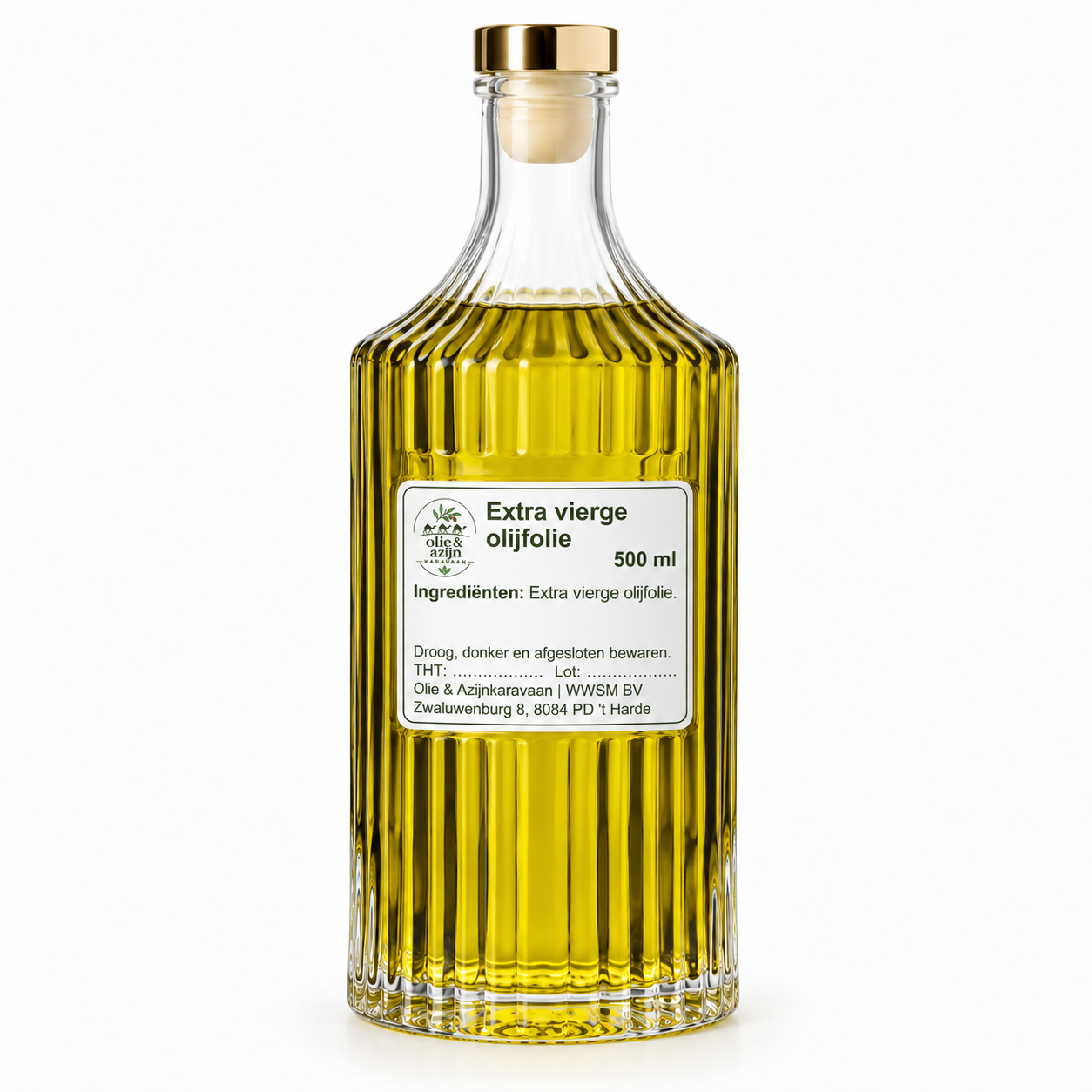 Eigen etiket fles 51087 500 ml - Olie & Azijn Karavaan Extra vierge olijfolie 500 ml met Olie & Azijnkaravaan-etiket binnen gladde vlak – representatieve illustratie