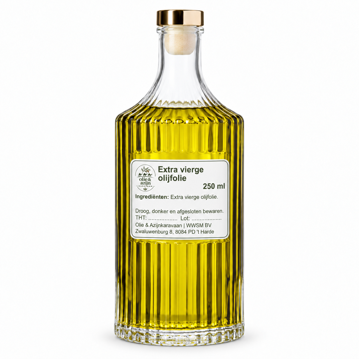 Olie & Azijnkaravaan fles 51081 250 ml passend etiket - Olie & Azijn Karavaan Extra vierge olijfolie 250 ml met eigen etiket binnen het gladde flesvak – representatieve illustratie