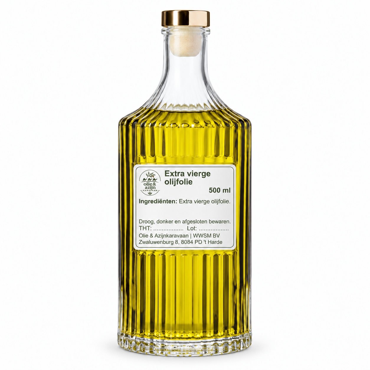 Olie & Azijnkaravaan fles 51081 500 ml passend etiket - Olie & Azijn Karavaan Extra vierge olijfolie 500 ml met eigen etiket binnen het gladde flesvak – representatieve illustratie