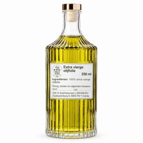 Extra vierge olijfolie 250 ml met eigen etiket binnen het gladde flesvak – representatieve illustratie