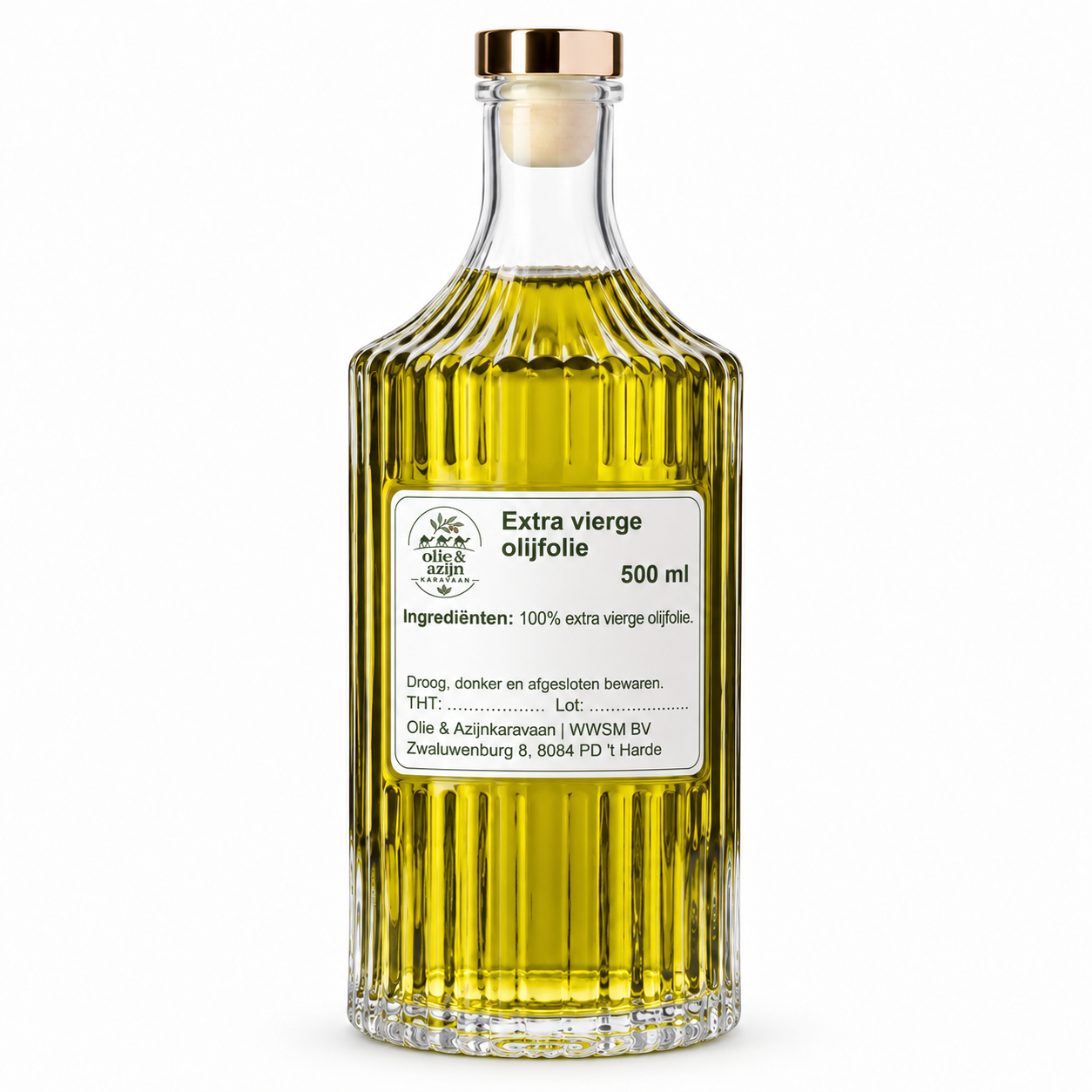 Olie & Azijnkaravaan fles 51084 500 ml passend etiket - Olie & Azijn Karavaan Extra vierge olijfolie 500 ml met eigen etiket binnen het gladde flesvak – representatieve illustratie