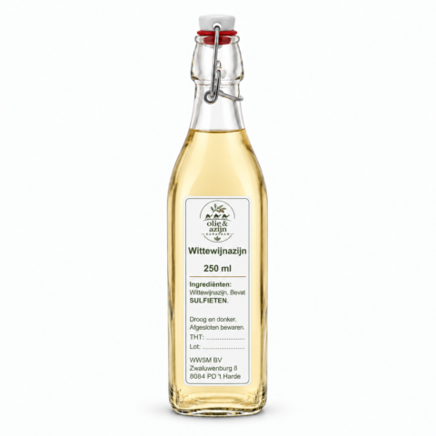 wittewijnazijn 250 ml in beugelfles met smal Olie & Azijnkaravaan-etiket – representatieve illustratie