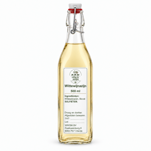 wittewijnazijn 500 ml in beugelfles met smal Olie & Azijnkaravaan-etiket – representatieve illustratie