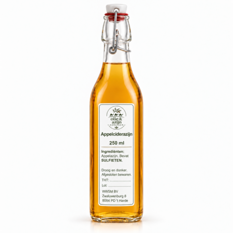 appelciderazijn 250 ml in beugelfles met smal Olie & Azijnkaravaan-etiket – representatieve illustratie