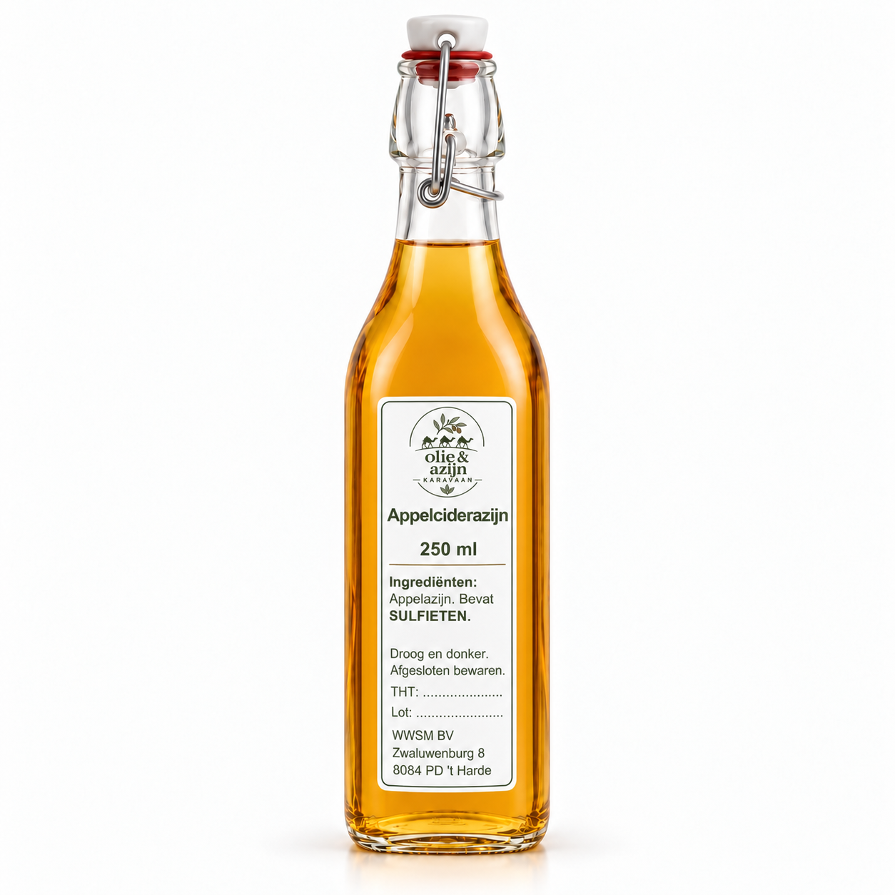 Passend azijnetiket 51091 250 ml - Olie & Azijn Karavaan appelciderazijn 250 ml in beugelfles met smal Olie & Azijnkaravaan-etiket – representatieve illustratie
