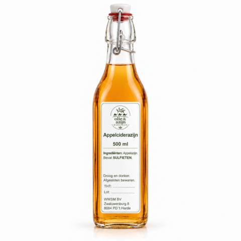 appelciderazijn 500 ml in beugelfles met smal Olie & Azijnkaravaan-etiket – representatieve illustratie