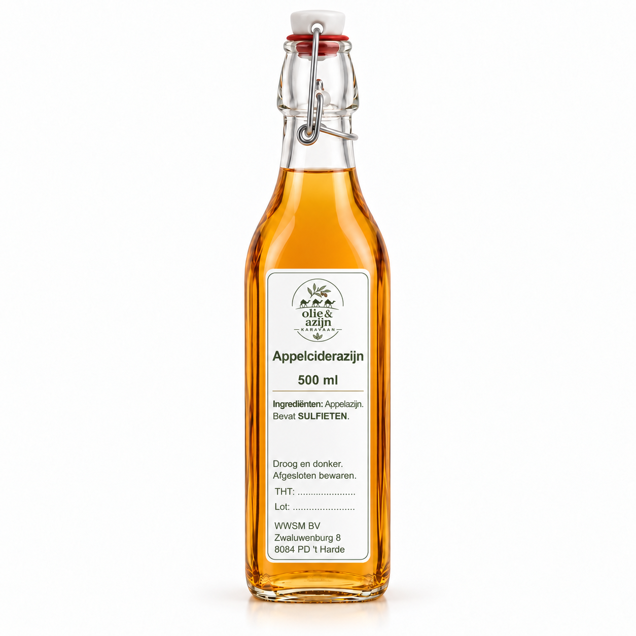 Passend azijnetiket 51091 500 ml - Olie & Azijn Karavaan appelciderazijn 500 ml in beugelfles met smal Olie & Azijnkaravaan-etiket – representatieve illustratie