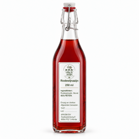 rodewijnazijn 250 ml in beugelfles met smal Olie & Azijnkaravaan-etiket – representatieve illustratie