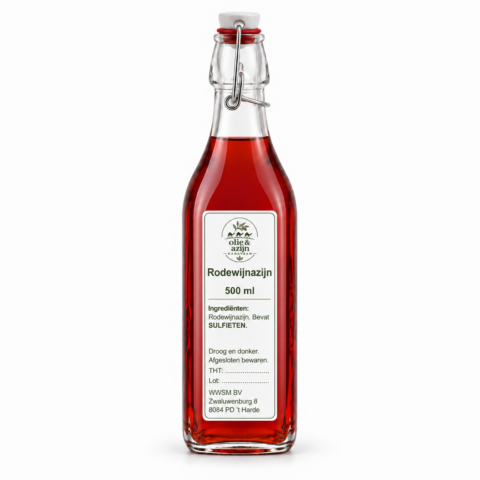 rodewijnazijn 500 ml in beugelfles met smal Olie & Azijnkaravaan-etiket – representatieve illustratie