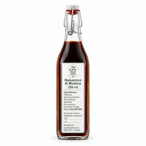 balsamico di modena 250 ml in beugelfles met smal Olie & Azijnkaravaan-etiket – representatieve illustratie