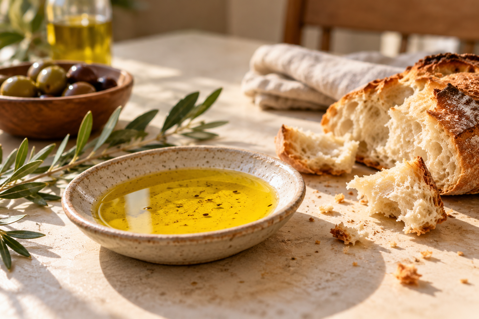 Schaaltje olijfolie met stukjes brood — AI-illustratie
