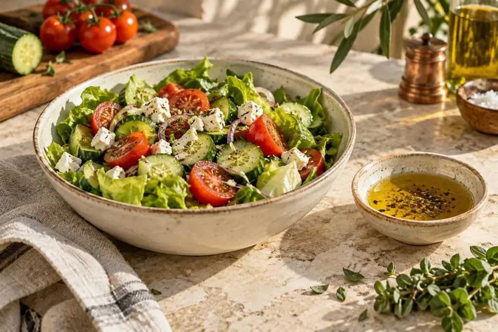 Frisse salade met tomaat, komkommer en dressing van olijfolie