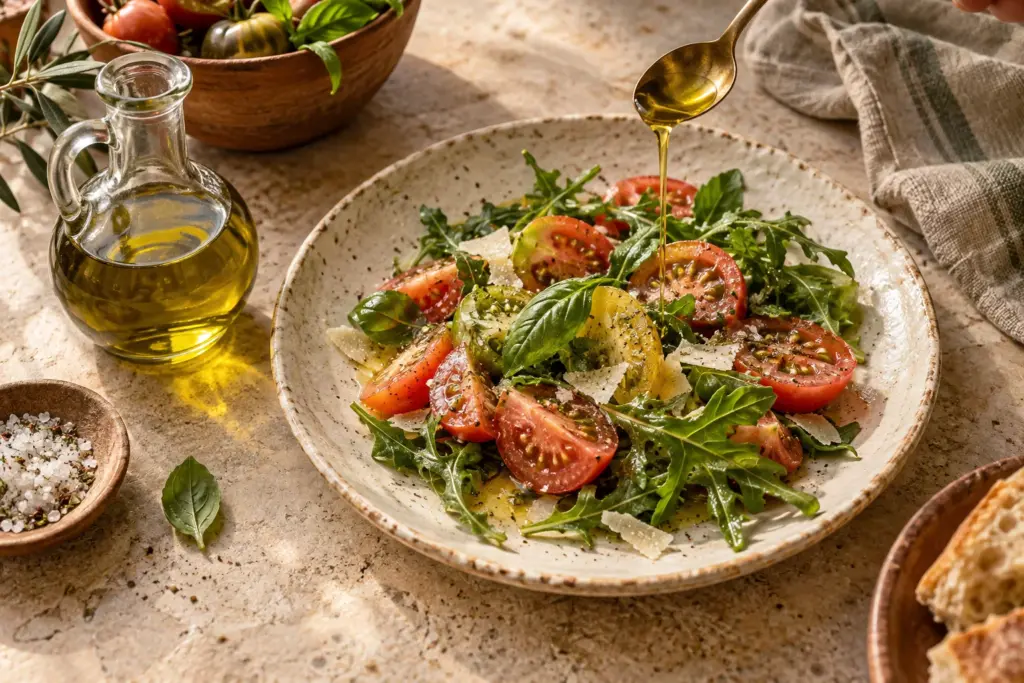 olie-karavaan-aan-tafel - Olie & Azijn Karavaan Salade met tomaten en olijfolie