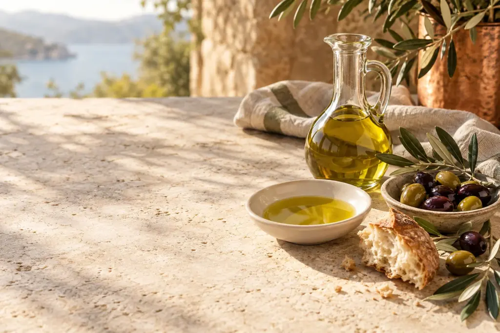 Olijfolie, olijven en brood op een mediterrane tafel