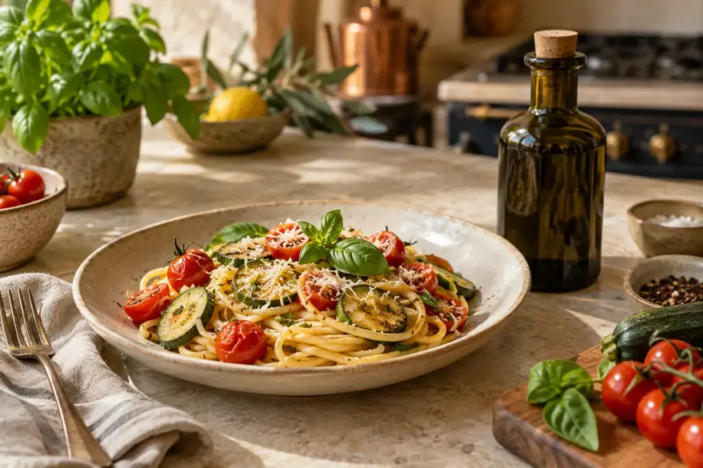 Pasta met tomaten, courgette en basilicum naast een oliefles - Olie & Azijn Karavaan Pasta met tomaten, courgette en basilicum naast een oliefles