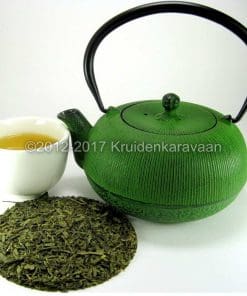Japanse Sencha met losse groene theebladeren, theepot en kopje
